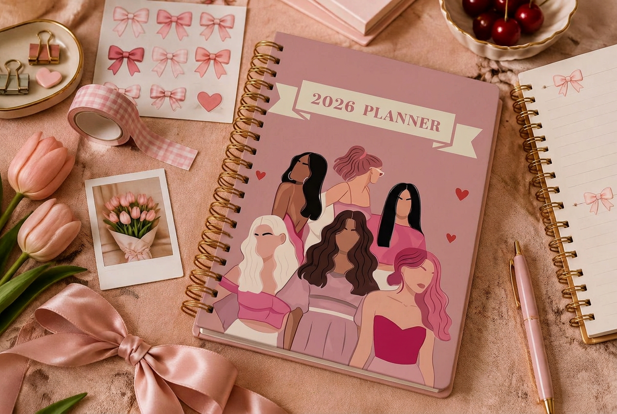 Illustrated blush planner with gold spiral binding, bow stickers and little paper keepsakes